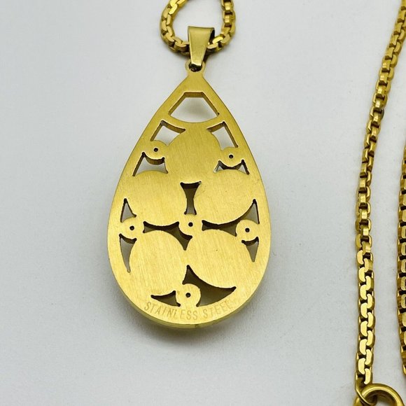 Faux Pearl Teardrop Charm Necklace Gold Tone Rhinestones Nature Garden Trees - Picture 4 of 7